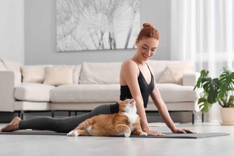 woman with a red cat doing yoga on mat at home