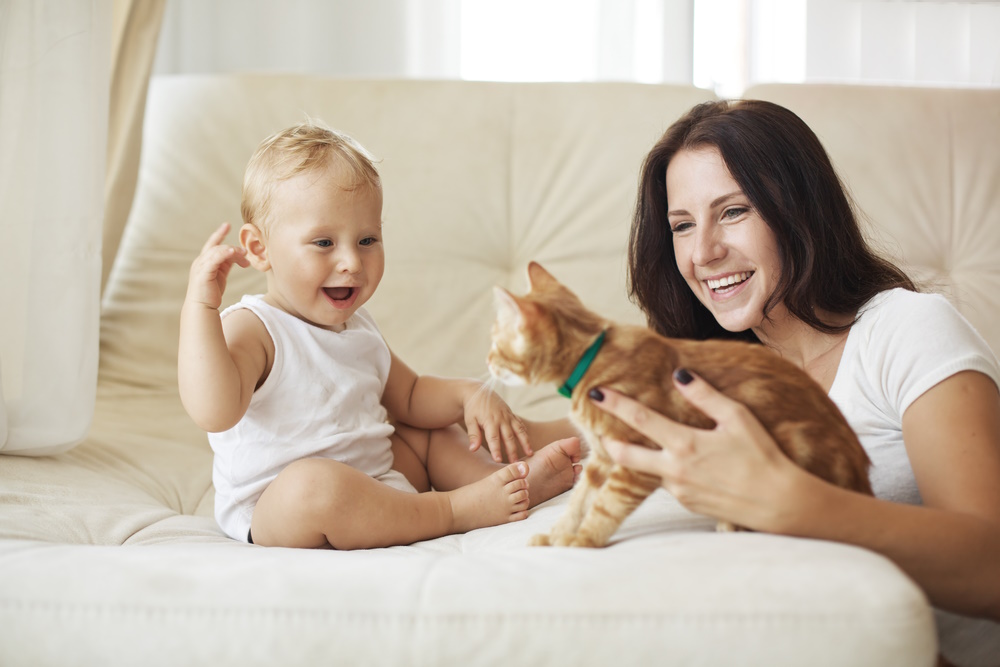 mother-with-her-baby-playing-with-cat