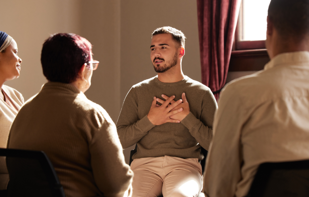 Support, trust and man sharing in group therapy