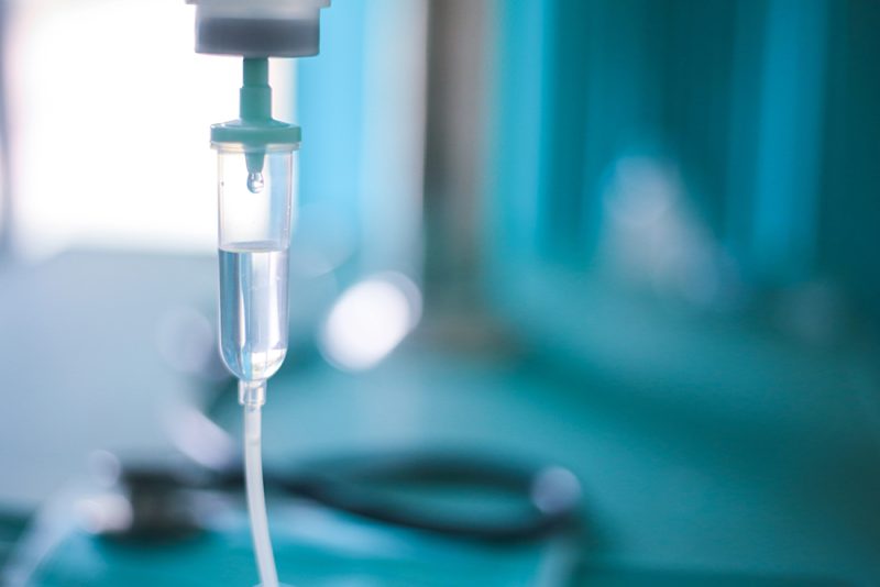 close up IV saline drip