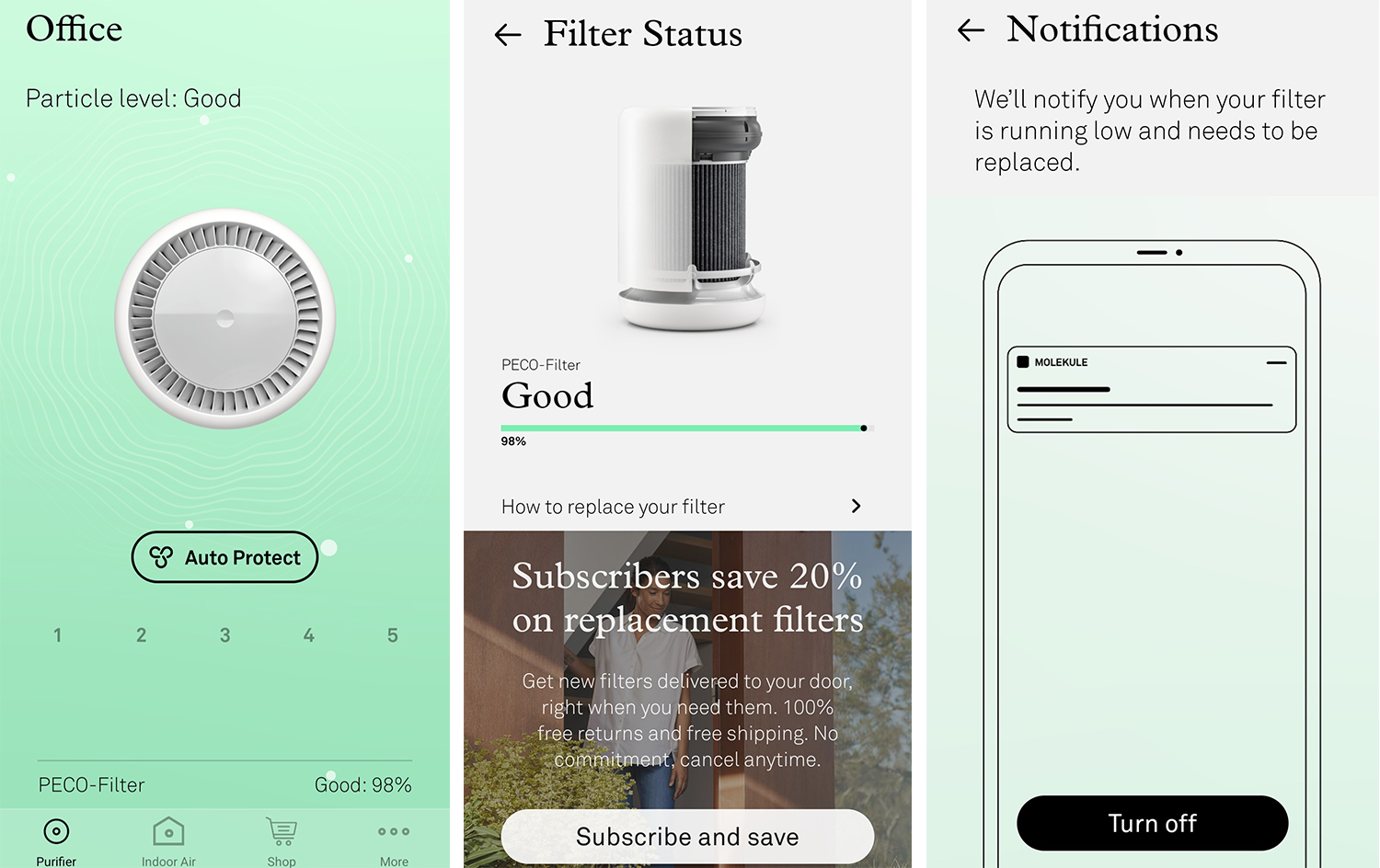 Molekule Air Mini+ Purifier - product mobile app interface