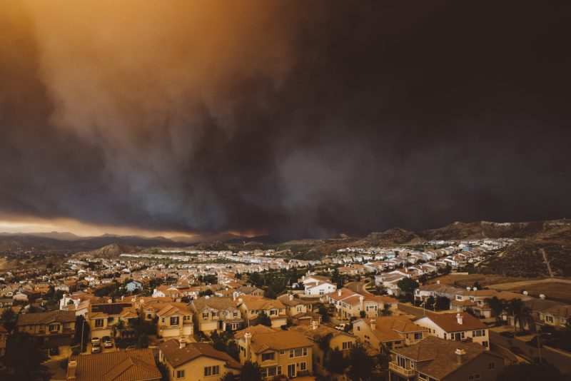 Wildfire smoke above a small town